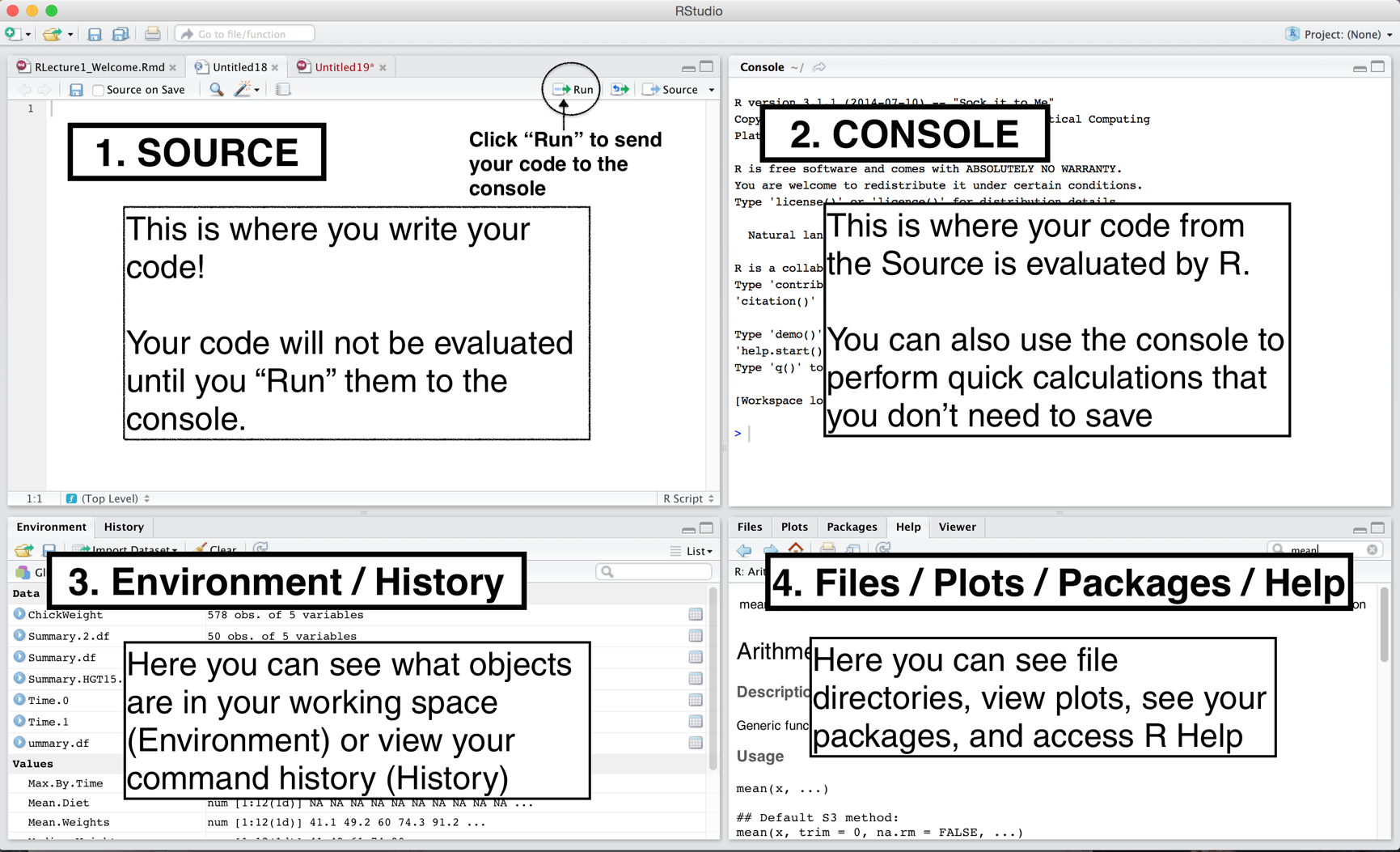 Benutzeroberfläche RStudio. Source: https://bookdown.org/ndphillips/YaRrr/