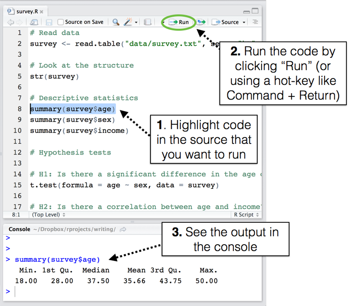 Code vom Skript an die Konsole senden. Source: https://bookdown.org/ndphillips/YaRrr/