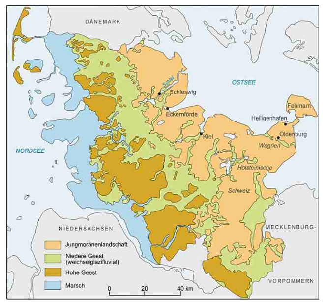 Landschaftsformen in Schleswig Holstein (Quelle: Landesamt für Landwirtschaft, Umwelt und Ländliche Räume 2012).
